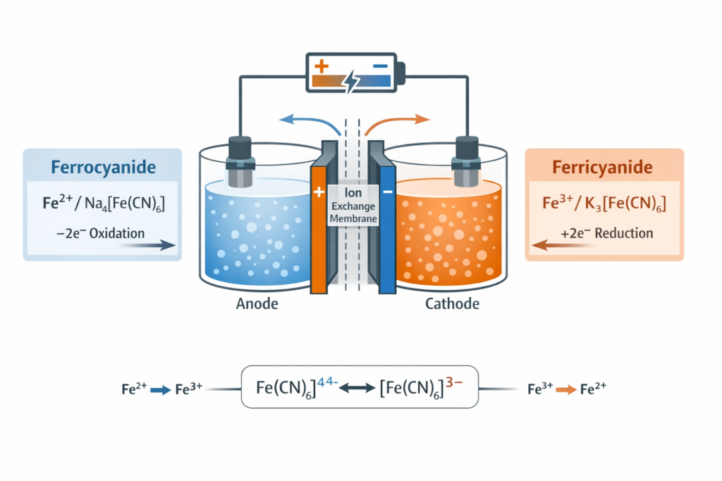 Iron flow battery ferrocyanide ferricyanide redox diagram